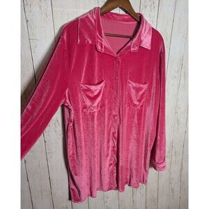 Hot Pink Velvet Button Front Tunic Top Size XL Dopamine Glam Y2K Lounge Plush